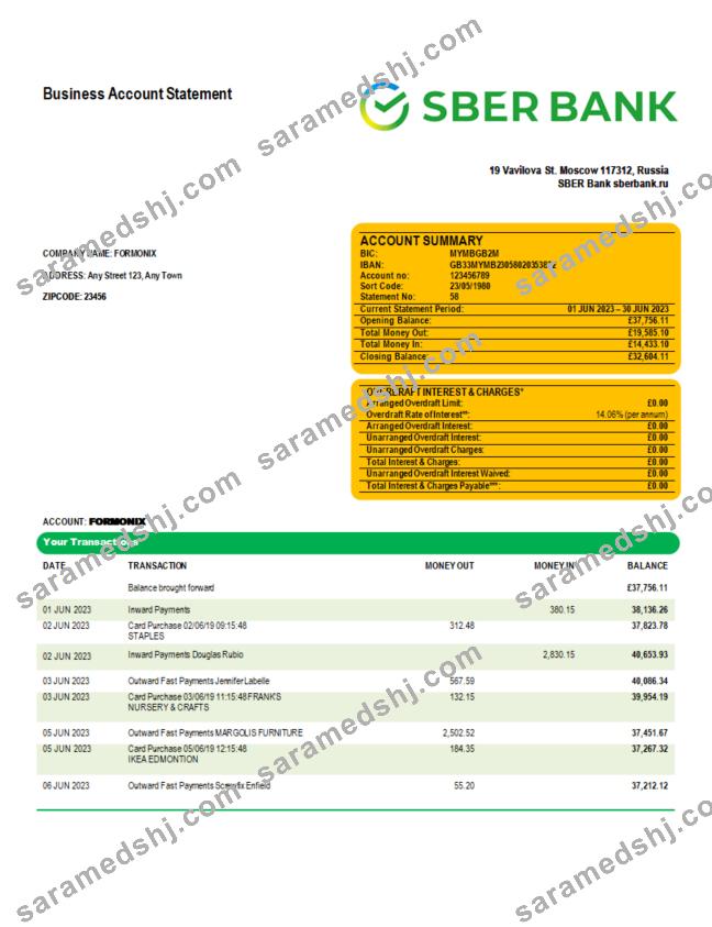 Sberbank Bank enterprise checking account statement Word and PDF template